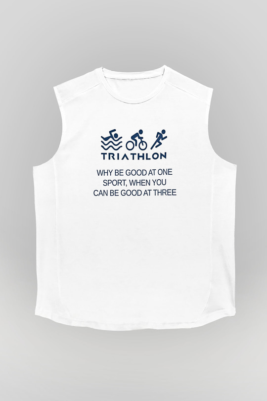Triathlon Baskılı Unisex Kolsuz Beyaz Tişört