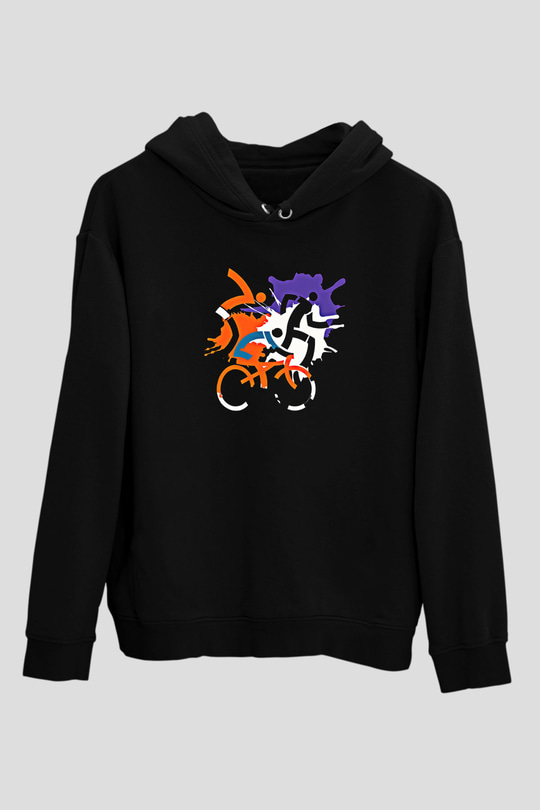Triathlon Baskılı Unisex Siyah Kapüşonlu Sweatshirt