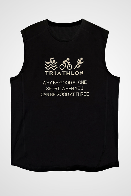 Triathlon Baskılı Unisex Siyah Kolsuz Tişört