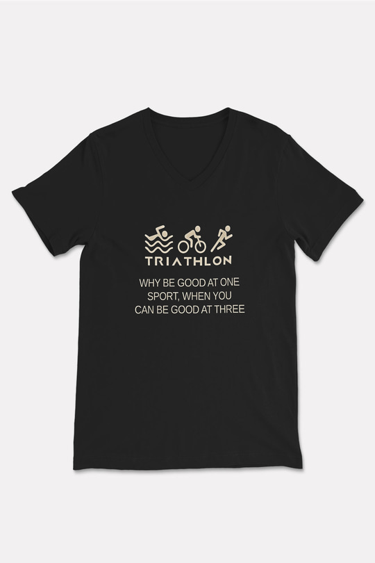Triathlon Baskılı Unisex Siyah V Yaka Tişört