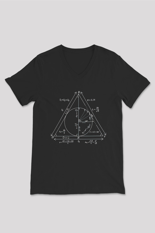 Trigonometri Geometri Baskılı Unisex Siyah V Yaka Tişört