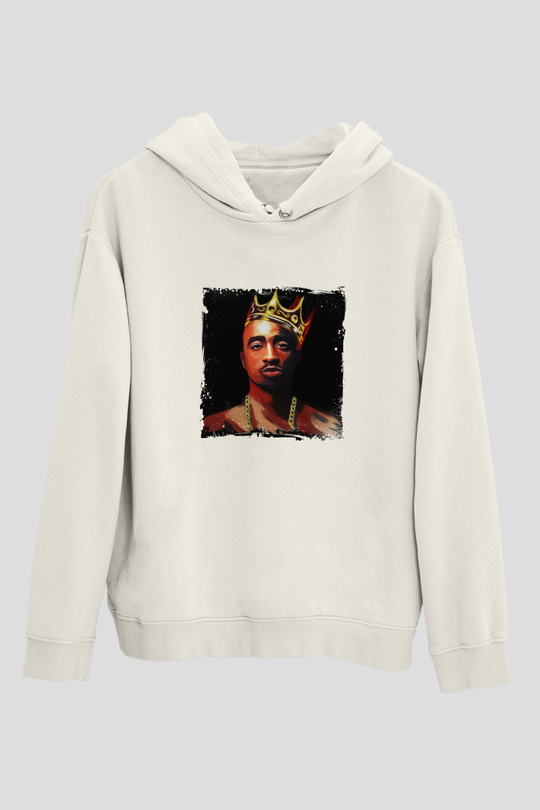 Tupac Baskılı Unisex Beyaz Kapüşonlu Sweatshirt