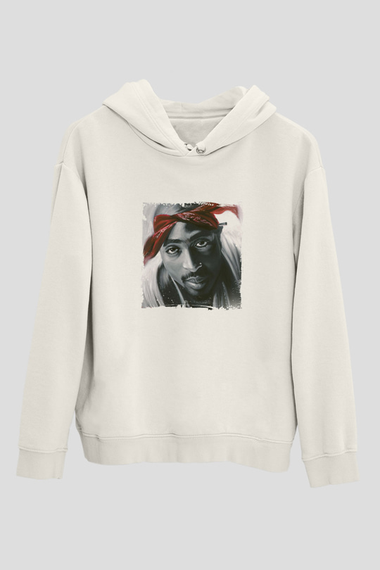 Tupac Baskılı Unisex Beyaz Kapüşonlu Sweatshirt