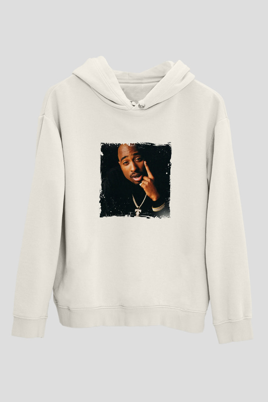 Tupac Baskılı Unisex Beyaz Kapüşonlu Sweatshirt