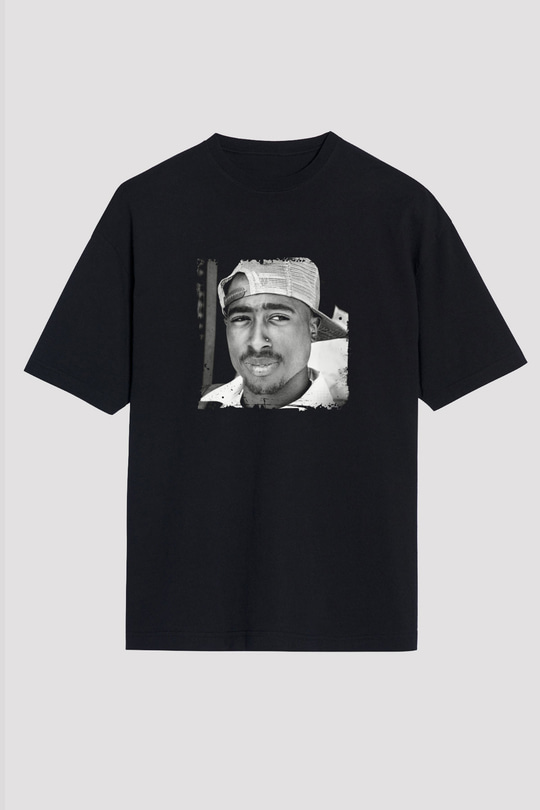 Tupac Baskılı Unisex Oversize Siyah Tişört