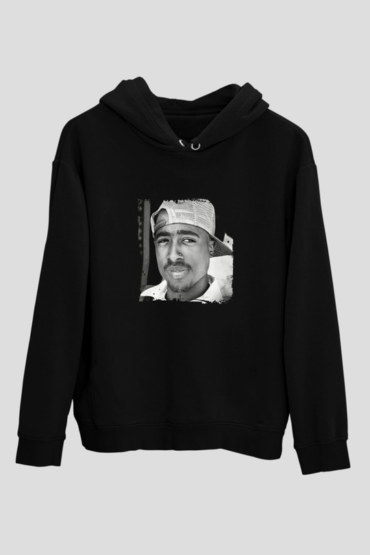 Tupac Baskılı Unisex Siyah Hoodie