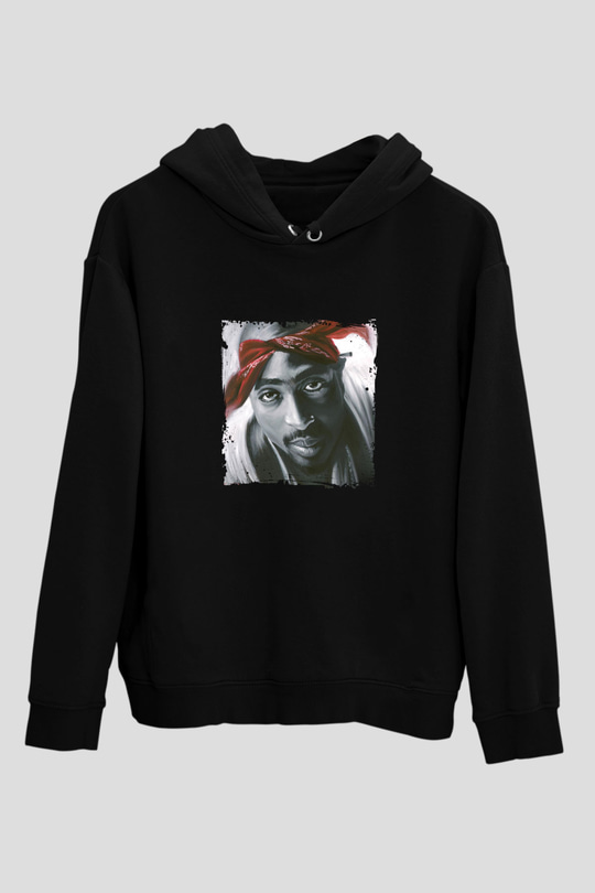 Tupac Baskılı Unisex Siyah Hoodie