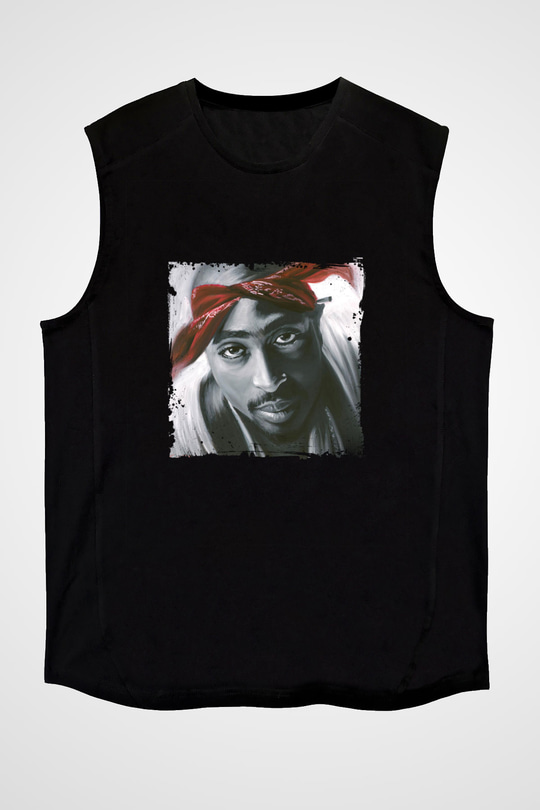 Tupac Baskılı Unisex Siyah Kolsuz Tişört