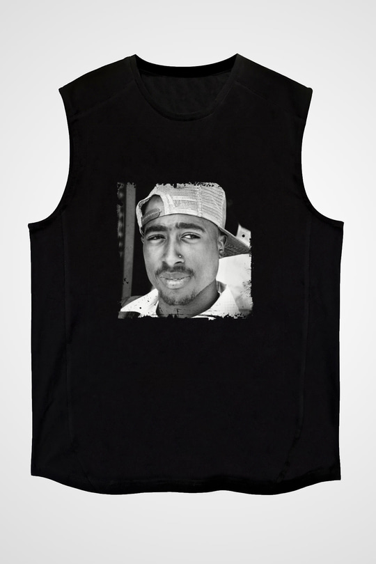 Tupac Baskılı Unisex Siyah Kolsuz Tişört