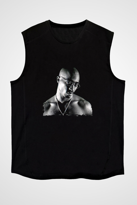 Tupac Baskılı Unisex Siyah Kolsuz Tişört
