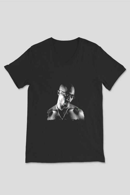 Tupac Baskılı Unisex Siyah V Yaka Tişört