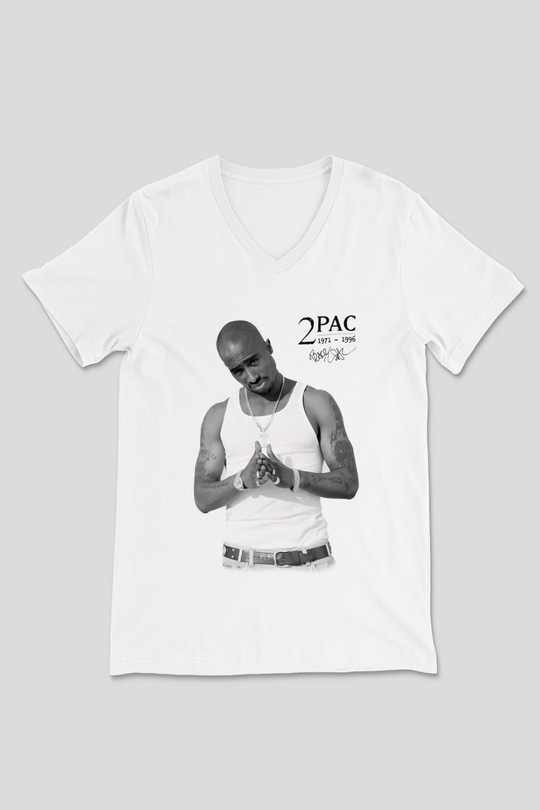Tupac Shakur Beyaz Unisex V Yaka Tişört T-Shirt