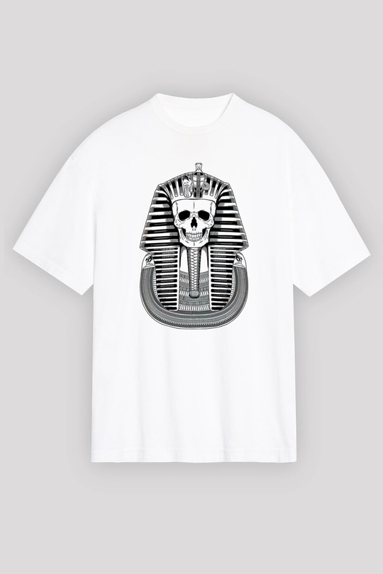 Tutankhamun Baskılı Beyaz Unisex Oversize Tişört - Tshirt