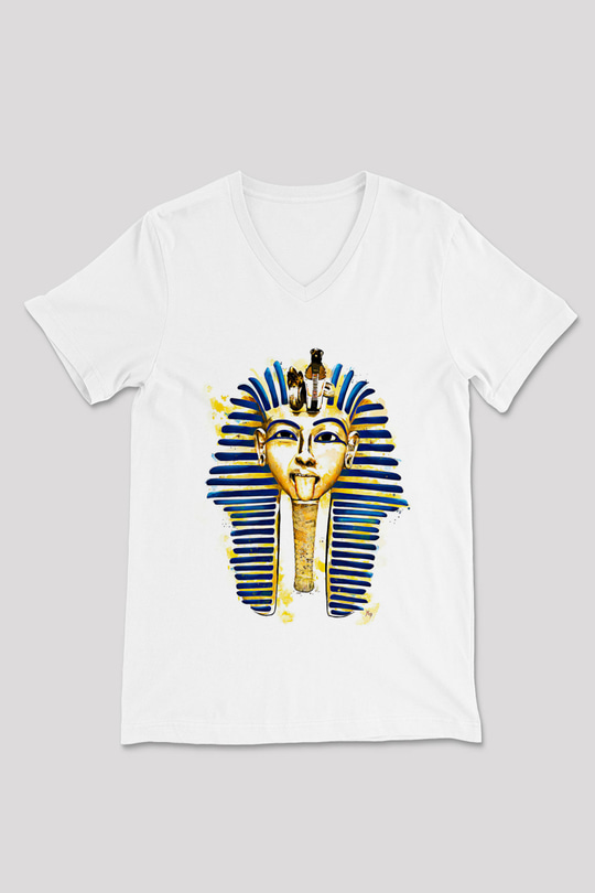 Tutankhamun Baskılı Beyaz Unisex V Yaka Tişört - Tshirt