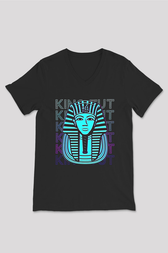 Tutankhamun Baskılı Unisex Siyah V Yaka Tişört - Tshirt