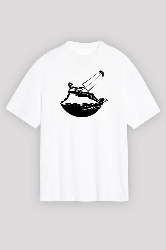 Uçurtma Kayağı Baskılı Unisex Beyaz Oversize Tişört - Tshirt