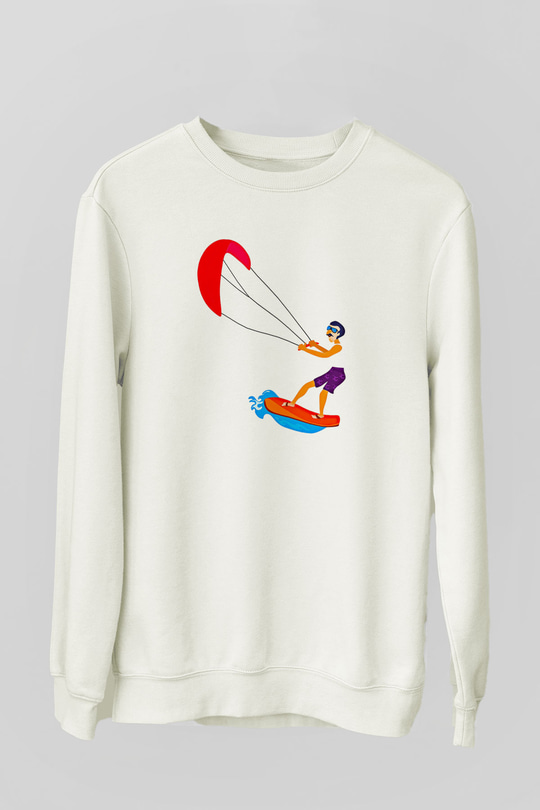 Uçurtma Kayağı Baskılı Unisex Ekru Sweatshirt