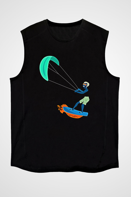 Uçurtma Kayağı - Kite Board Baskılı Unisex Siyah Kolsuz Tişört