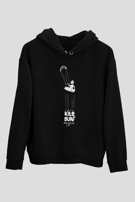 Uçurtma Kayağı - Kite Board Baskılı Unisex Siyah Kapüşonlu Sweatshirt