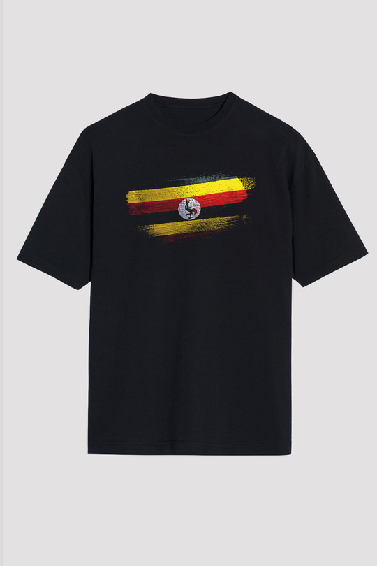 Uganda Bayrağı Baskılı Unisex Siyah Oversize Tişört
