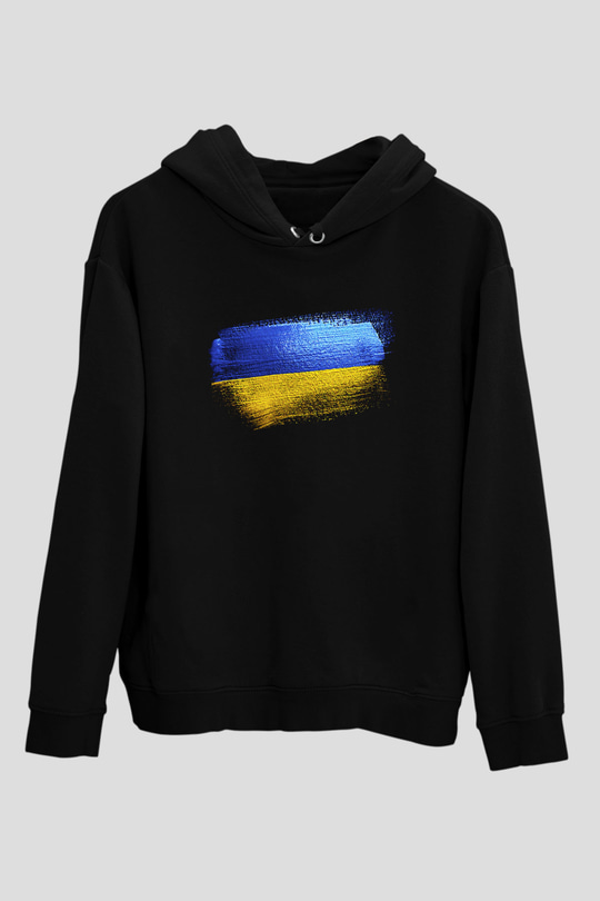 Ukrayna - Ukraine Bayrağı Baskılı Unisex Siyah Kapüşonlu Sweatshirt