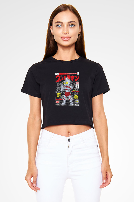 Ultraman Baskılı  Siyah  Crop Top Tişört