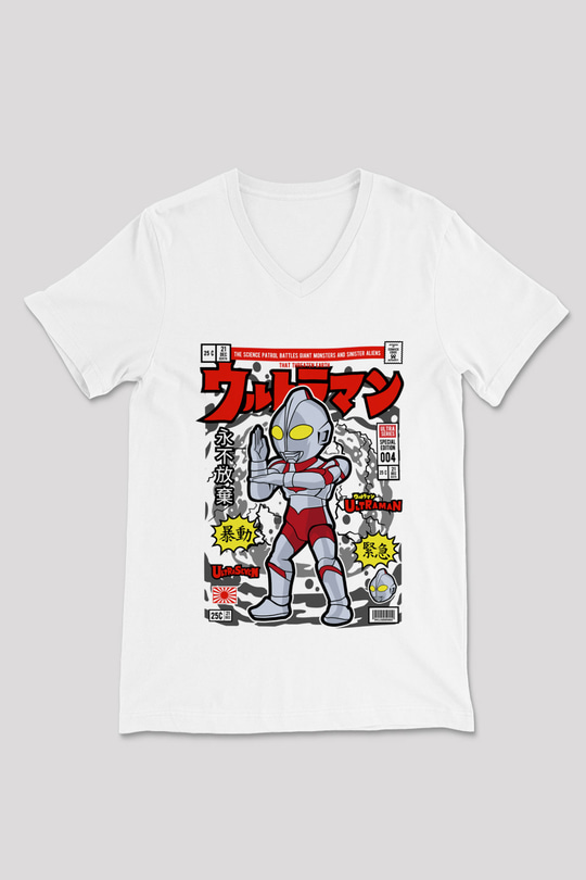 Ultraman Baskılı Unisex Beyaz V Yaka Tişört
