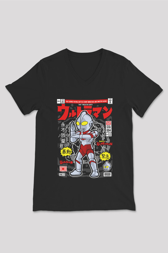 Ultraman Baskılı Unisex Siyah V Yaka Tişört