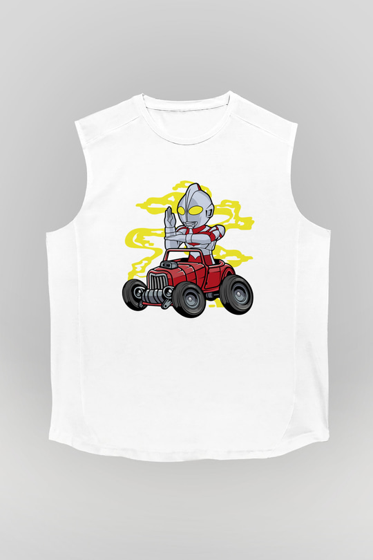 Ultraman Hotrod Baskılı Unisex Beyaz Kolsuz Tişört