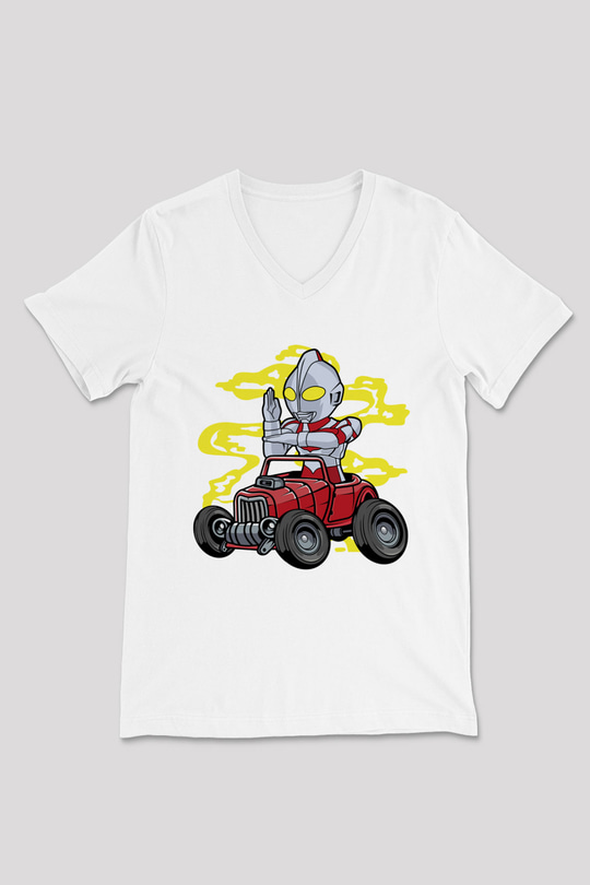 Ultraman Hotrod Baskılı Unisex Beyaz V Yaka Tişört