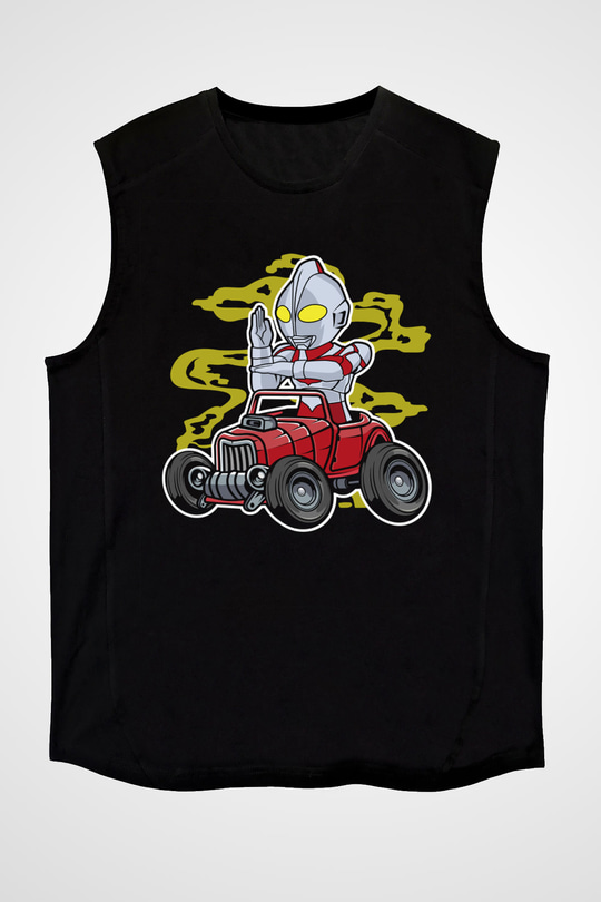 Ultraman Hotrod Baskılı Unisex Siyah Kolsuz Tişört
