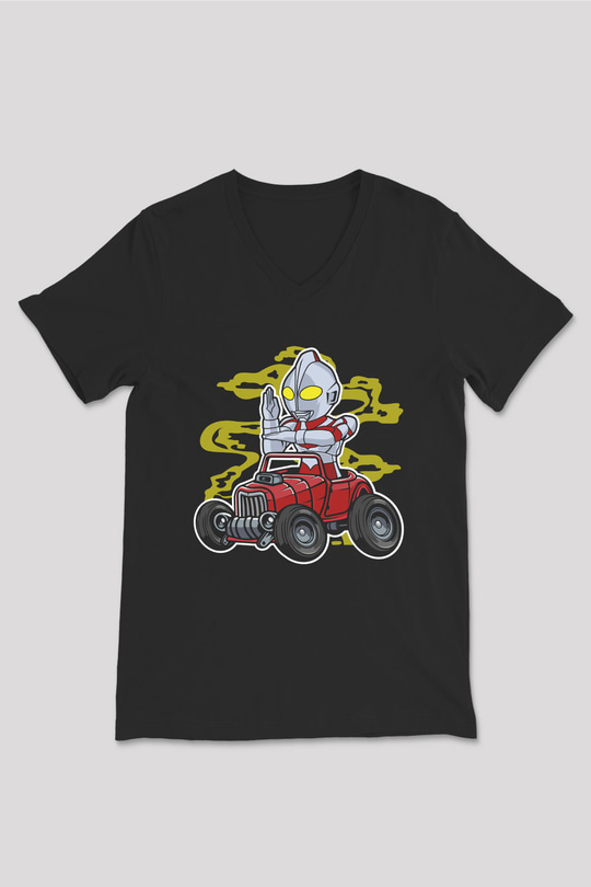 Ultraman Hotrod Baskılı Unisex Siyah V Yaka Tişört