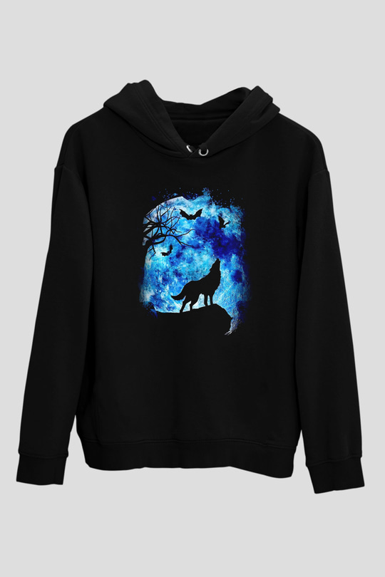 Uluyan Kurt Temalı Siyah  Unisex Hoodie