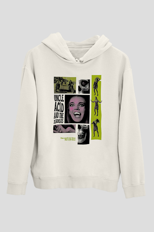 Uncle Acid Baskılı Beyaz Unisex Kapüşonlu Sweatshirt