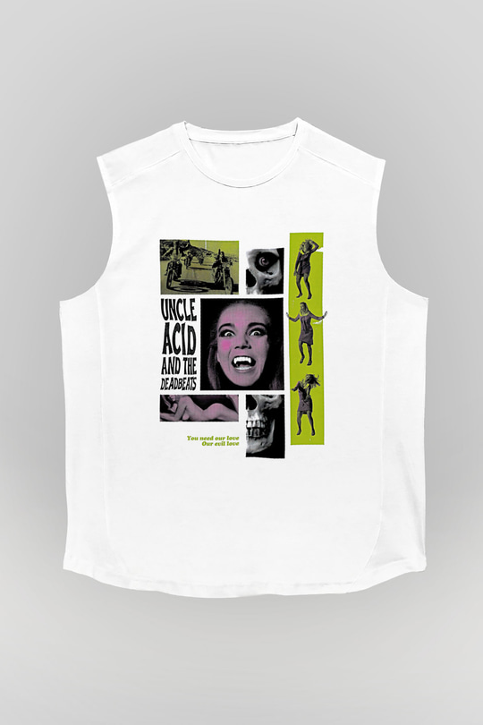 Uncle Acid Baskılı Beyaz Unisex Kolsuz Tişört - Tshirt