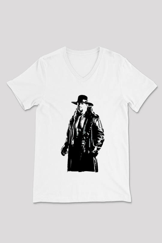 Undertaker Baskılı Beyaz Unisex V Yaka Tişört - Tshirt