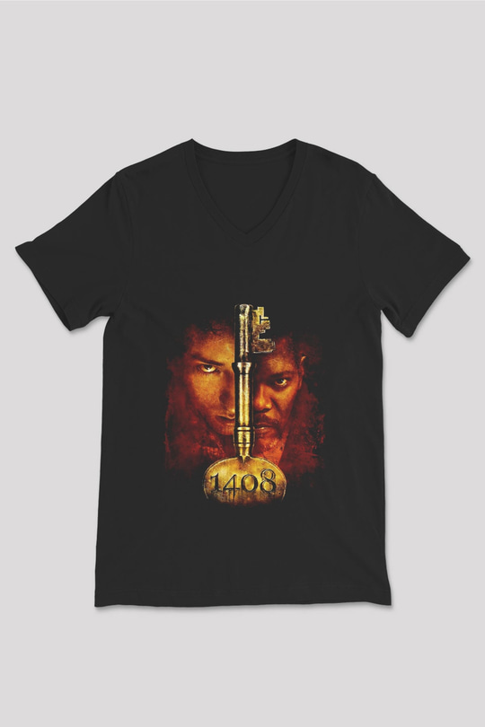 Unisex 1408 Baskılı Siyah V Yaka T-shirt