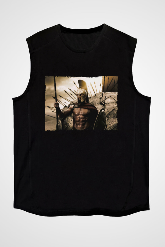 Unisex 300 Spartalı Baskılı Siyah Kolsuz T-shirt