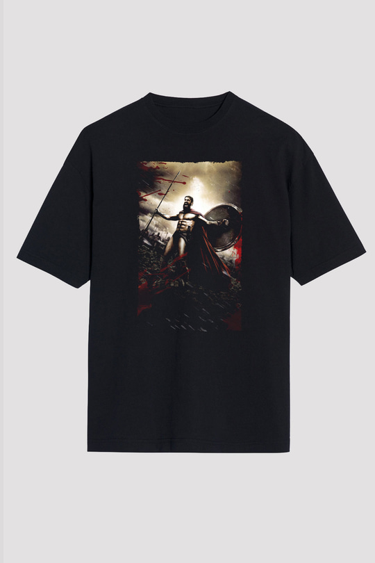 Unisex 300 Spartalı Baskılı Siyah Oversize Tshirt