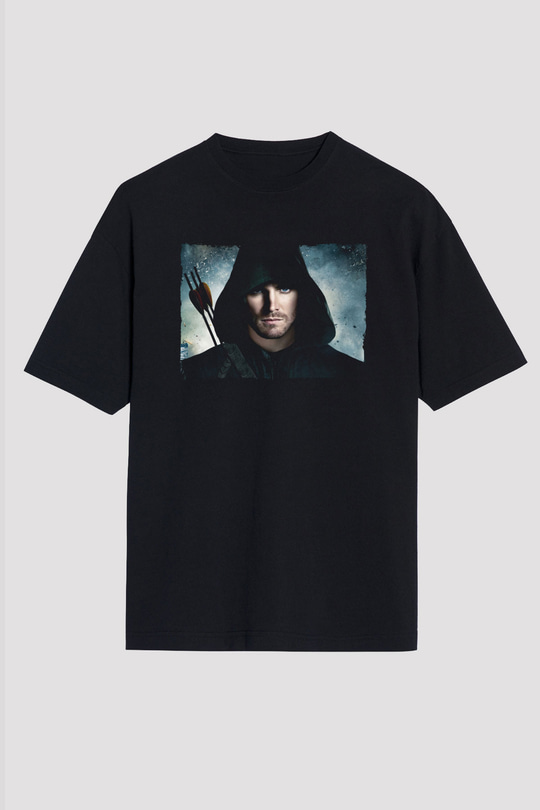 Unisex Arrow Baskılı Siyah Oversize T-shirt