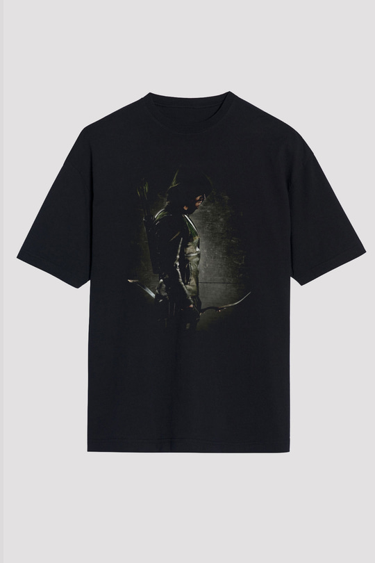 Unisex Arrow Baskılı Siyah Oversize Tshirt
