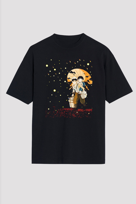 Unisex Ateşböceklerinin Mezarı (Grave of the Fireflies) Baskılı Siyah Oversize T-shirt