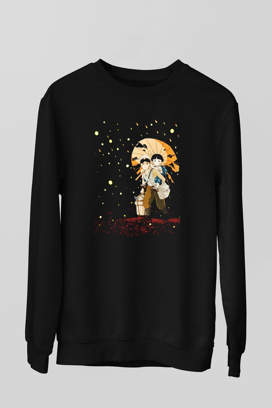 Unisex Ateşböceklerinin Mezarı (Grave of the Fireflies) Baskılı Siyah Sweatshirt