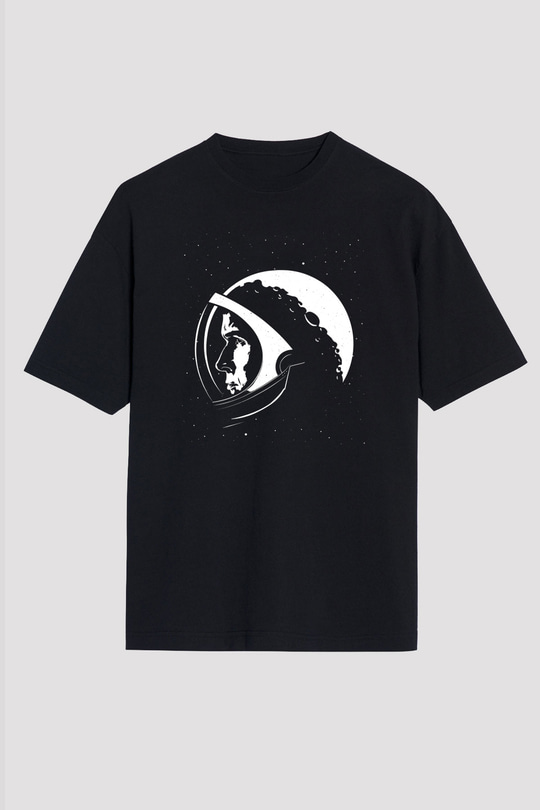 Unisex Ay'da İlk İnsan (First Man) Baskılı Siyah Oversize Tişört