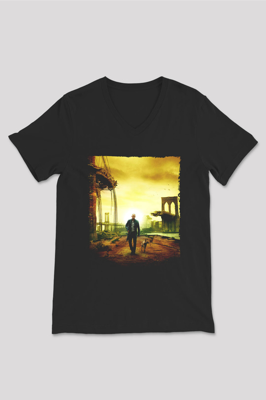 Unisex Ben Efsaneyim (I Am Legend) Baskılı Siyah V Yaka Tshirt