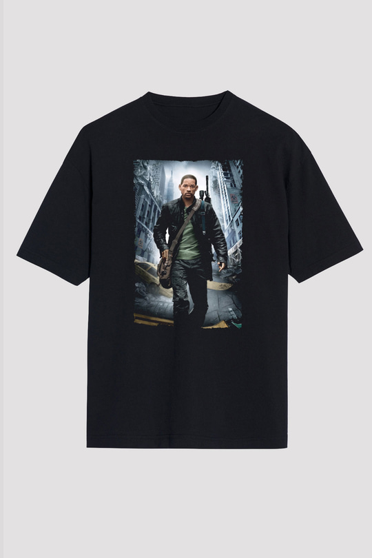 Unisex Ben Efsaneyim (I Am Legend) Baskılı Siyah Oversize T-shirt