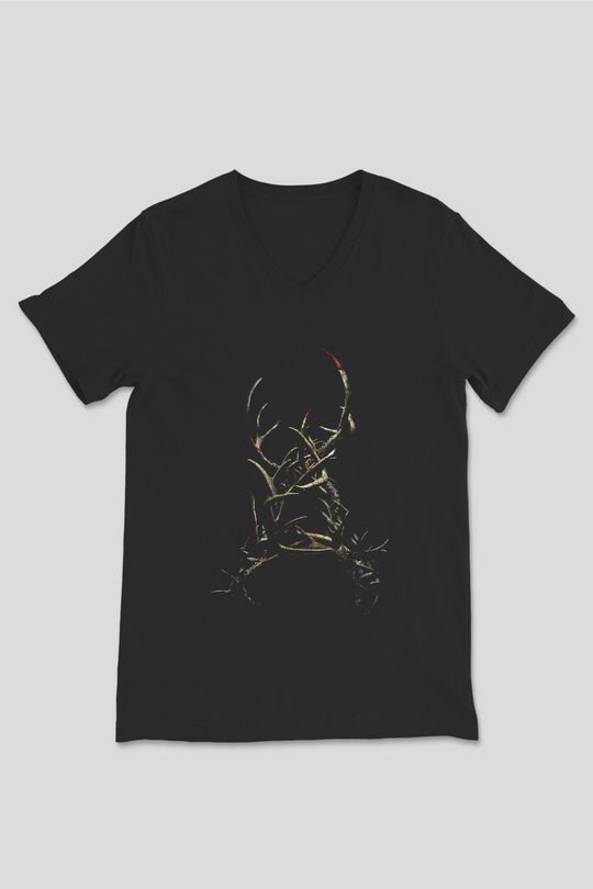 Unisex Boynuzlar (Antlers) Baskılı Siyah V Yaka Tshirt