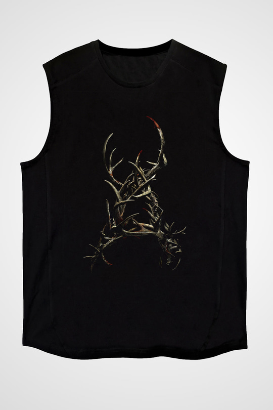 Unisex Boynuzlar (Antlers) Baskılı Siyah Kolsuz Tshirt