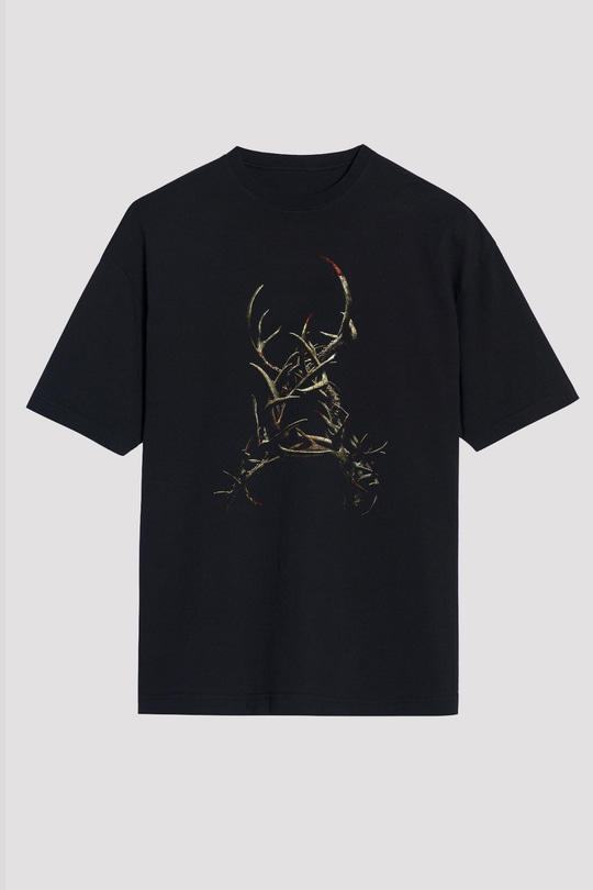 Unisex Boynuzlar (Antlers) Baskılı Siyah Oversize Tshirt