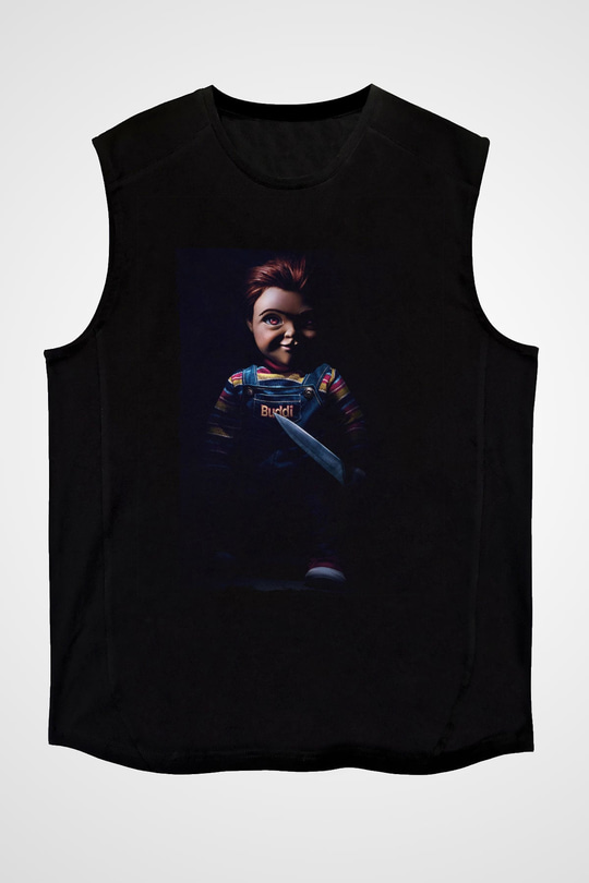 Unisex Chucky (Child's Play) Baskılı Siyah Kolsuz Tişört